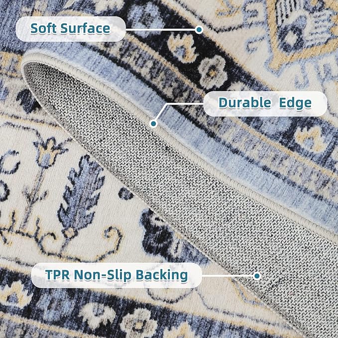 Dripex Washable Area Rug 6x9 Living Room Rug Stain & Water Resistant Foldable Thin Vintage Rugs Faux Wool Floor Carpet for Bedroom Dining Room Kitchen Bathroom Farmhouse Office