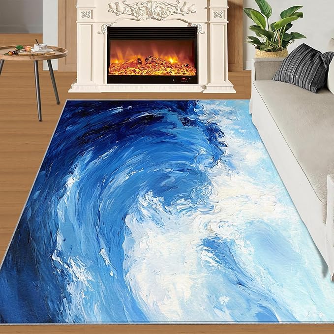 Japanese Ocean Rugs for Bedroom - 5x6 Area Rug - Ukiyo-E Ocean Waves Rugs for Living Room, Abstract Oil Painting Ocean Rug, Washable Home Decor Carpet