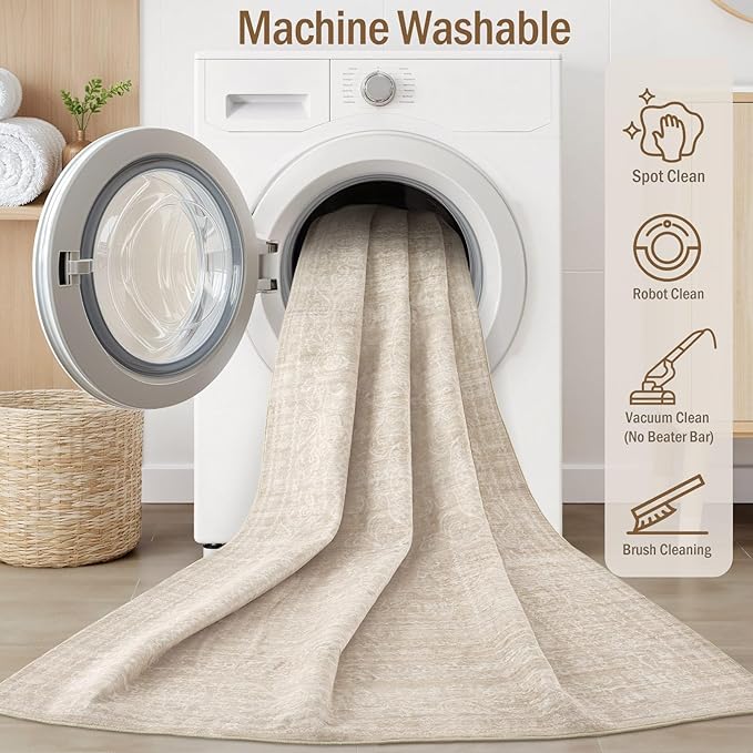 10x14 Area Rugs Living Room: Washable Large Vintage Beige Rug Neutral Non-Slip Soft Stain Resistant Indoor Carpet for Bedroom Nursery Dining Room Under Table Bed Home House Office Playroom