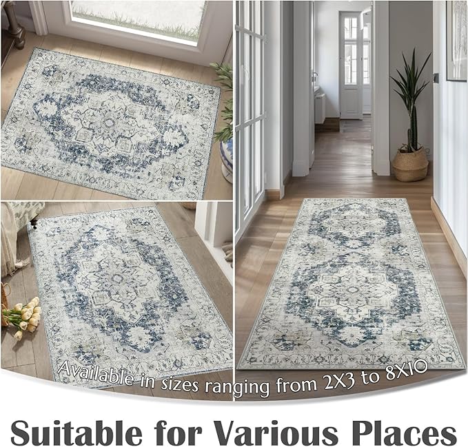 jinchan Kelda Area Rug 8x10 Washable Living Room Rug Vintage Soft Indoor Large Floor Cover Retro Distressed Mat Accent Lightweight Non-Slip Thin Carpet for Kitchen Bathroom Bedroom Grey