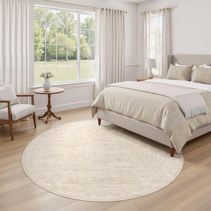 6ft Round Rug Living Room: Washable Large Vintage Neutral Area Rug Non-Slip Soft Stain Resistant Indoor Carpet for Bedroom Nursery Dining Room Under Table Bed Home House Office Playroom - Beige