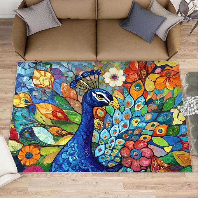 Boho Peacock Rug Small - 4x5 Rug, Colorful Peacock Washable Rugs for Living Room, Teal Turquoise Carpet, Modern Style Non-Slip Area Rugs for Bedroom, Aesthetics Carpet - Peafowl Home Decor & Gifts