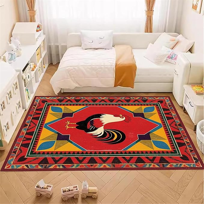 Country Rooster Rugs，5x8ft,Colorful Geometric Rooster Pattern Rug，Rooster Pattern Colorful Rug. Ethnic Vintage Design Non-Slip Washable Floor Mat for Living Room Bedroom Farmhouse Home Office
