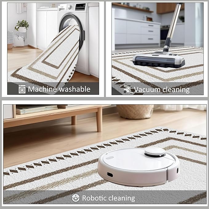 Moroccan Farmhouse Area Rugs 4x6ft, Neutral Geometric Pattern in Off-White Rug, Low Pile Machine Washable & Non-Slip Soft Carpet for Living Room, Bedroom & Dining Room
