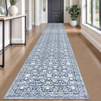 Runner Rug 2.6x18, Light Blue White Washable Long Hallway Rug Runner Non-Slip Soft Kitchen Runner Thin Printed Faux Wool Super Soft Carpet for Entryway Bedroom Laundry Room Indoor Home Decor