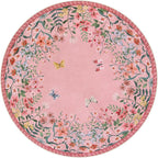 Wonnitar Washable 5ft Round Area Rug, Pink Floral Living Room Rugs for Bedroom Girls, Low Pile Soft Botanical Throw Carpet for Kids Nursery Room (Pink,5ft-Round)