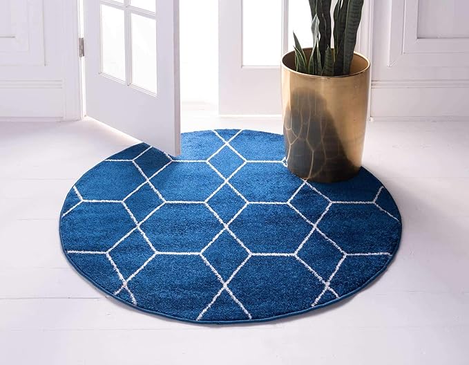 Unique Loom Trellis Frieze Collection Area Rug - Geometric (7' Round, Navy Blue/ Ivory)