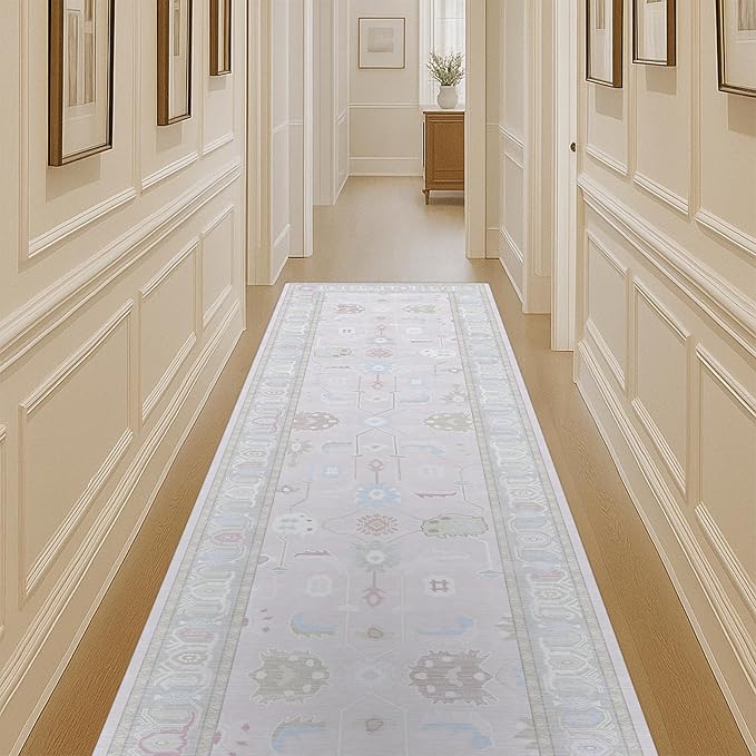 Fame Living Pink Oushak Runner Rug, Modern Runners, Vintage, Turkish, Eclectic, Floral, Pastel, Washable, Runner for Hallway, Kitchen, Bedroom, Bathroom, 2'5"x9'8"
