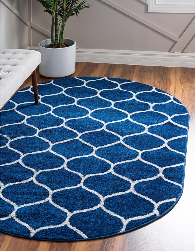 Rugs.com Lattice Frieze Collection Rug – 4' x 6' Oval Navy Blue Medium Rug Perfect for Living Rooms, Large Dining Rooms, Open Floorplans