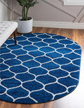 Rugs.com Lattice Frieze Collection Rug – 3' 3 x 5' 3 Oval Navy Blue Medium Rug Perfect for Living Rooms, Large Dining Rooms, Open Floorplans