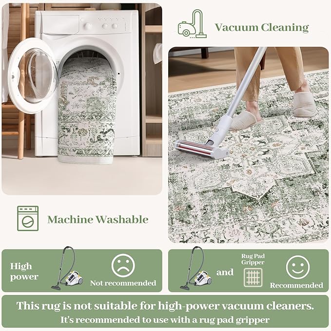 LIVEBOX 6x9 Sage Green Rug for Living Room- Large Oriental Rug for Bedroom, Non-Slip Retro Dining Room Rugs for Under Table, Low-Pile Soft Vintage Rugs for Office Guest Room