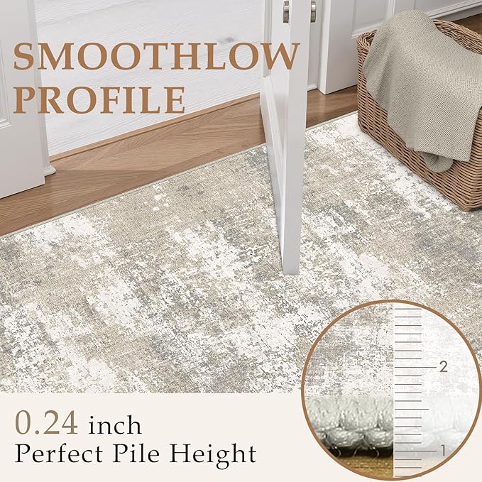 Modern Abstract Beige Gray Area Rug 4x6 Entryway Machine Washable Office Carpet Kitchen Door Mat Indoor Accent Throw Low Pile Non Slip Distressed Living Dining Laundry Room Bedroom