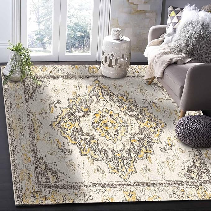 Bohemian Pattern Rectangular Area Rugs for Living Room Bedroom 5 x 8 ft Brown & Yellow Abstract Non-Shedding Soft Low Pile Rug Non Slip Washable Rug for Nursery Entryway Playroom