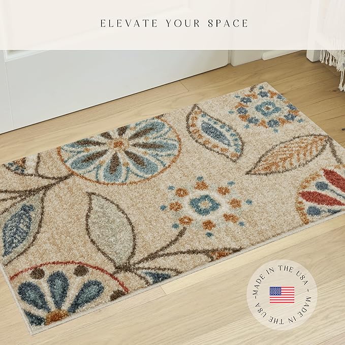 Maples Rugs Reggie Floral Kitchen Rug - Made in USA - Washable, Non Slip Indoor Carpet for Entryway, Foyer, Kitchen, and Bathroom, 1'8 x 2'10, Beige