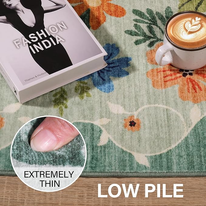 DUKINO 2x10 Kitchen Runner Rug for Hallway, Washable Runner Rug with Non Slip Backing, Low Pile Soft Boho Floral Carpet for Kitchen, Hallway, Entryway, Laundry, Bedroom, Green