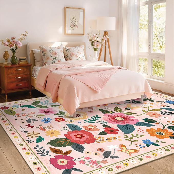 Floral 8x10 Area Rug Machine Washable Soft Print Boho Carpet Non Slip Doormat Low Pile Flower Area Rugs for Living Room Bedroom Nursery Kitchen Dining Room Indoor-Pink