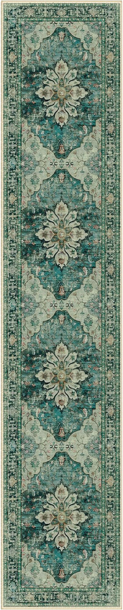 Area Rugs 2'6''x14' Washable Non-Slip, Floral Vintage Distress Print Pattern Medallion Carpet for Living Room Bedroom Dining Room, Dark Blue Vintage
