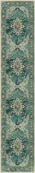Area Rugs 2'6''x12' Washable Non-Slip, Floral Vintage Distress Print Pattern Medallion Carpet for Living Room Bedroom Dining Room, Dark Blue Vintage