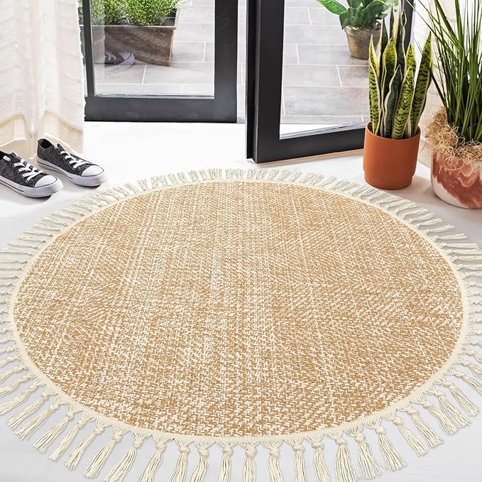 Collive Hand Woven Round Area Rug Soft Cotton Machine Washable Carpet 4ft Farmhouse Rugs with Tassels, Tan/Cream Circle Rugs for Bedroom Living Room Dining Room Table Office