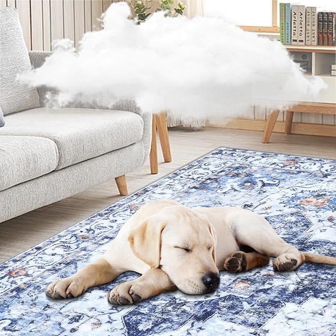 COMSLE 4x6 Rugs for Living Room Washable Area Rugs for Bedroom Faux Wool Distressed Throw Rugs Absorbent Non-Slip Floor Carpet for Indoor Kitchen Laundry Room Blue