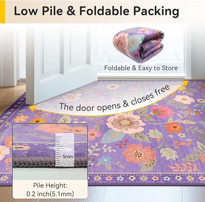Floral 5x7 Area Rug Machine Washable Soft Print Boho Carpet Non Slip Doormat Low Pile Flower Area Rugs for Living Room Bedroom Nursery Kitchen Dining Room Indoor-Purple/Pink/Multi