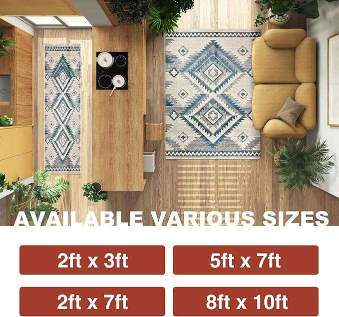 YHSF South West Native American Rug Ritz – Native Tribal American Indian Inspired Rug - Living Room, Bedroom, Hallway, Entryway & High-Traffic Area Rugs - Washable - Soft - Aqua, 8 Feet x 10 Feet