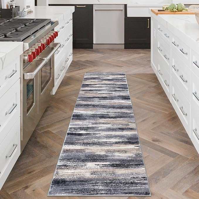 Modern Abstract Runner Rug 2x6, Grey Black Multi Washable Kitchen Runner Non-Slip Soft Hallway Rug Runner Thin Print Faux Wool Carpet for Entryway Bedroom Laundry Room Indoor