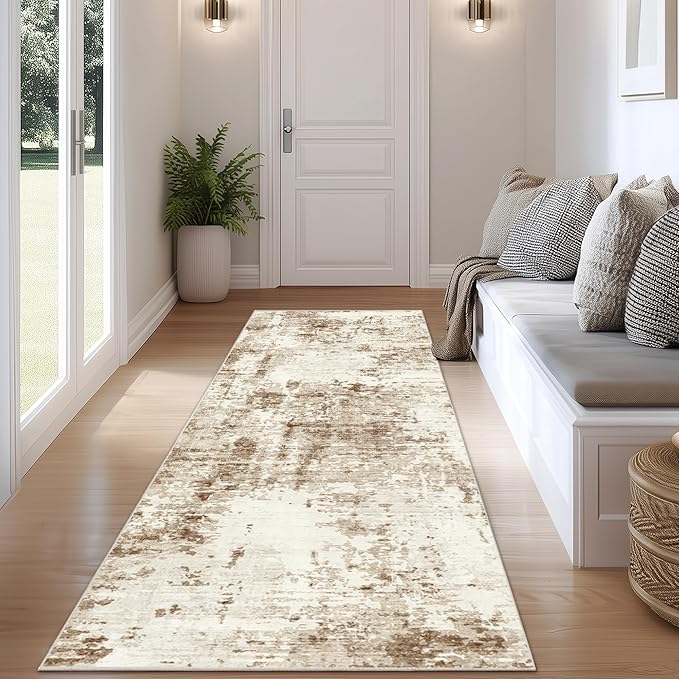 FMFUNCTEX 2x5 Runner Rug Washable Brown Beige Modern Abstract Neutral Non Slip Low Pile Entryway Hallway Soft Accent Indoor Carpet for Kitchen Bedroom Bathroom Laundry Entrance Bedside Living Room