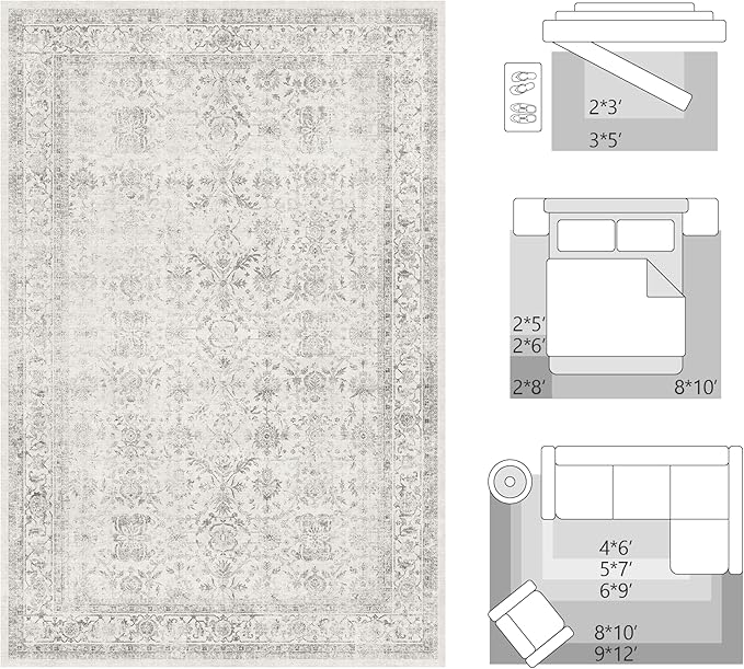 FMFUNCTEX 4x6 Washable Area Rug Grey Neutral Vintage Non Slip Low Pile Traditional Indoor Carpet for Entryway Living Room Bedroom Soft Retro Floral Mat Throw Rug for Dining Office Kitchen Entryway