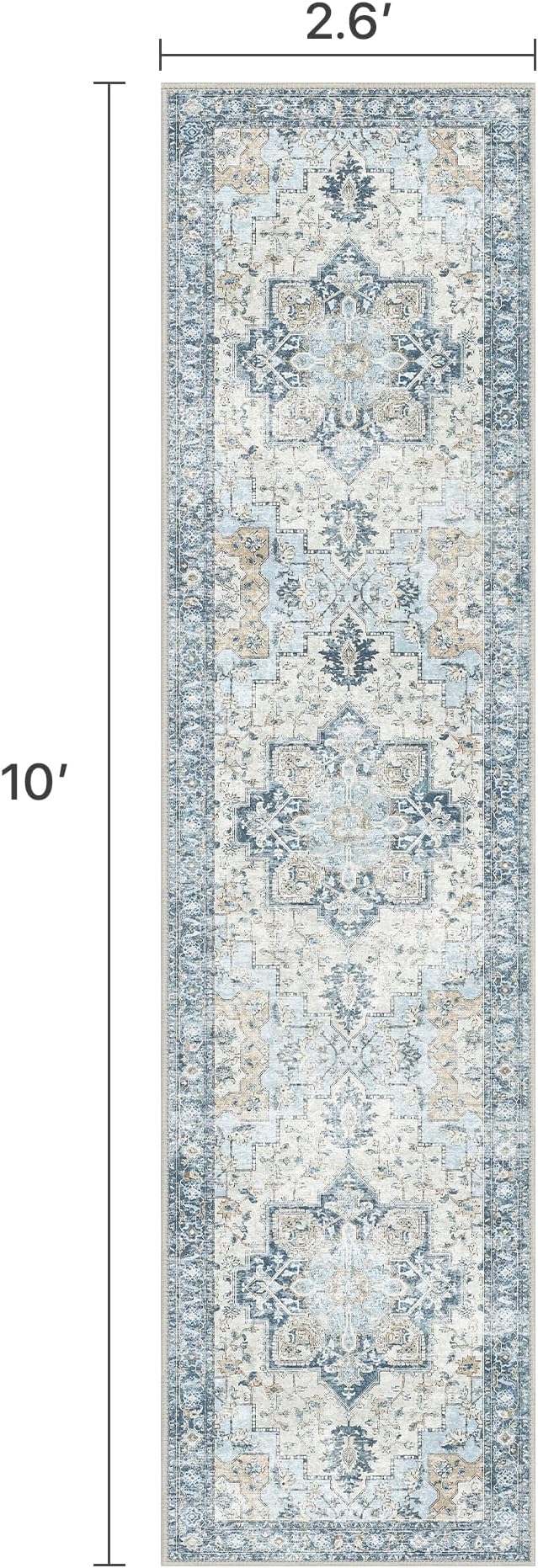 Runner Rug 2'6''x10, Non Slip Vintage Hallway Runner Rugs, Low Pile Lightweight Machine Washable Mat for Hallway, Entryway, Bedroom, Kitchen and Corridor, Blue