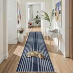Beeiva Striped Blue Runners for Hallways, 2.5x8 Washable Bathroom Runner with Rubber Backed, Non Slip Soft Low Pile Indoor Floor Carpet for Kitchen Bedroom Porch High Traffic Areas