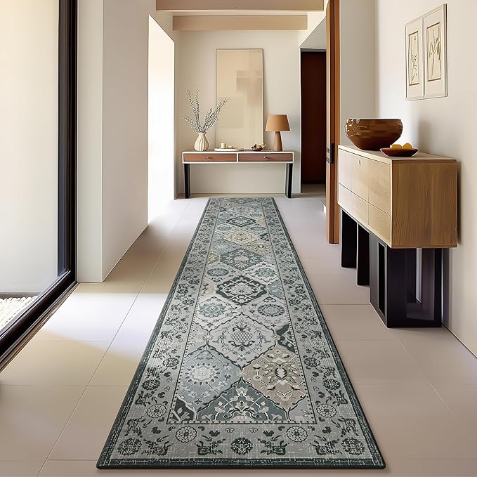 Phantoscope Washable Runner Rug 2'x10' Non-Slip, Vintage Boho Hallway Rugs for Entryway, Stair, Bedroom, Distressed Moroccan Mosaic Diamond Pattern, Low-Pile Foldable Floor Carpet, Grey Charcoal