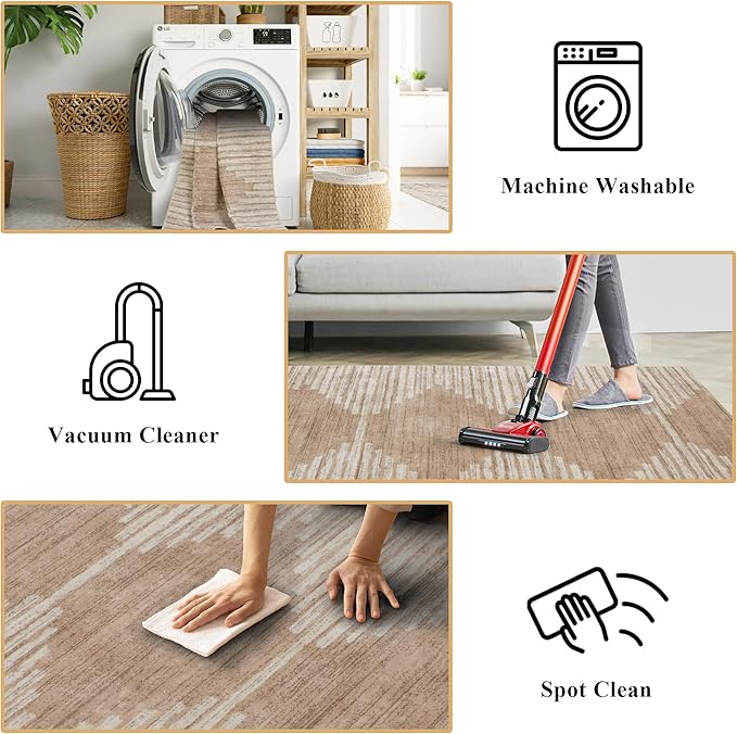 HelloTree Area Rug for Living Room 9x12 Washable Geometric Moroccan Rug Stripe Farmhouse Bohemian Non Slip Non Shedding Ultra Thin Soft Rug for Bedroom Office DiningRoom Nursery-Pink&Khaki