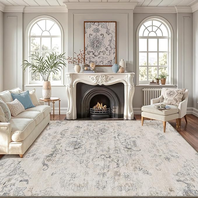 LUMI 8x12 Washable Area Rug for Living Room, Ultra Soft Vintage Rugs with TPE Non Slip Backing, Stain Resistant, Low Profile Carpet High Traffic for Bedroom, Dining Room