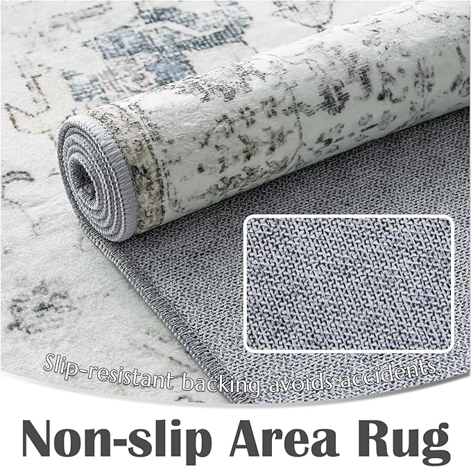 jinchan Area Rug 8x10 Washable Living Room Rug Soft Vintage Indoor Thin Retro Distressed Floor Cover Grey Floral Country Boho Rug Non Slip Carpet for Bedroom Office Dining Room