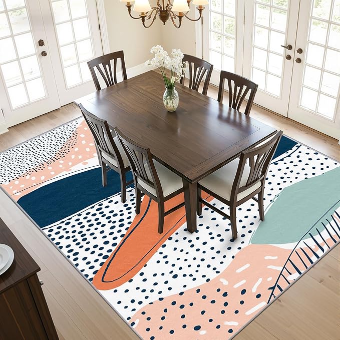 Color Block Living Room Rug - Polka Dot Bohemian Rug, 7x9 Area Rugs, Abstract Multicolor Washable Foldable Large Carpet Home Decor #C050