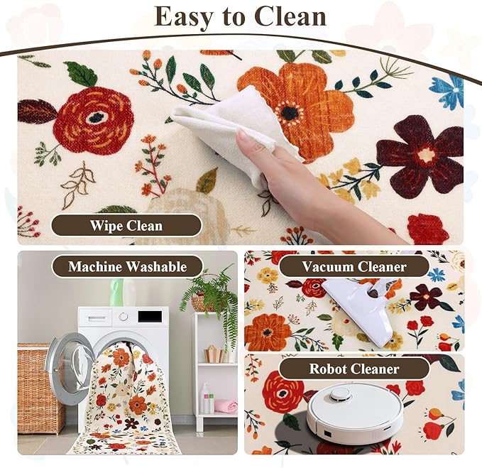 U'Artlines 2'x6' Boho Runner Rug for Hallways Kitchen Colorful Floral Soft Non Slip Washable Floor Carpet Runners for Entryway Laundry Room Bathroom Beige