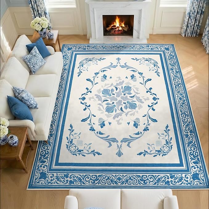 SOULFUL Medium Pile 4x6 Rugs for Living Room - Cozy Soft Underfoot Area Rug - Blue Boho Floral - Washable Non-Slip - Perfect for Bedroom Kids Room Under Dining Table Office
