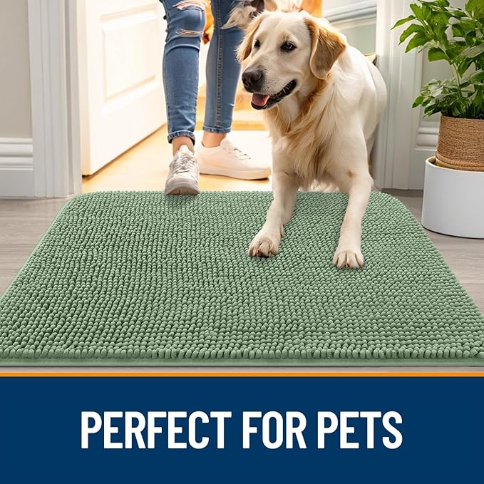 OLANLY Dog Door Mat for Muddy Paws 30x17, Absorbs Moisture and Dirt, Absorbent Non-Slip Washable Doormat, Quick Dry Chenille Mud Mat, Entry Indoor Entryway Carpet for Inside Floor, Olive Green