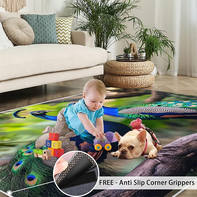 Peacock Rugs for Bedroom - 5x8 Rug, Peacock Couples Area Rugs for Living Room, Nature Carpet, Peafowl Washable Area Mat, Malachite Green Feather Carpet - Peafowl Home Decor & Gifts