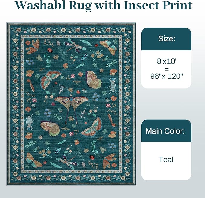 8x10 Area Rugs with Insect Print - Bug Rug Non-Shedding Stain Resistant Soft Carpet for Bedroom, Low Pile Ultra-Thin Machine Washable Carpet for Dining Room, Kids Nursery, Office (8'x10' Teal)