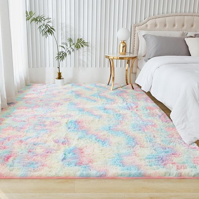 Andency 6x9 Area Rugs, Large Shag Fluffy Soft Shaggy Rugs for Living Room Bedroom, Non-Slip Tie-Dyed Rainbow Thick Plush Carpet for Kids Girls and Boys, Dorm Nursery Home Decor Aesthetic