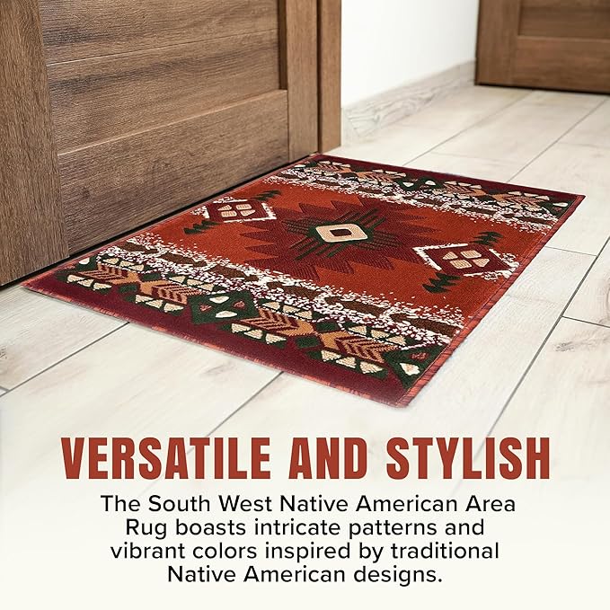 YHSF South West Native American Area Rug C318 - Easy Clean, Thick, Soft, Durable Native Tribal American Indian Inspired Rug for Bedroom/Living Room and more - Rust, 2 Feet 4 Inches x 10 Feet 11 Inches