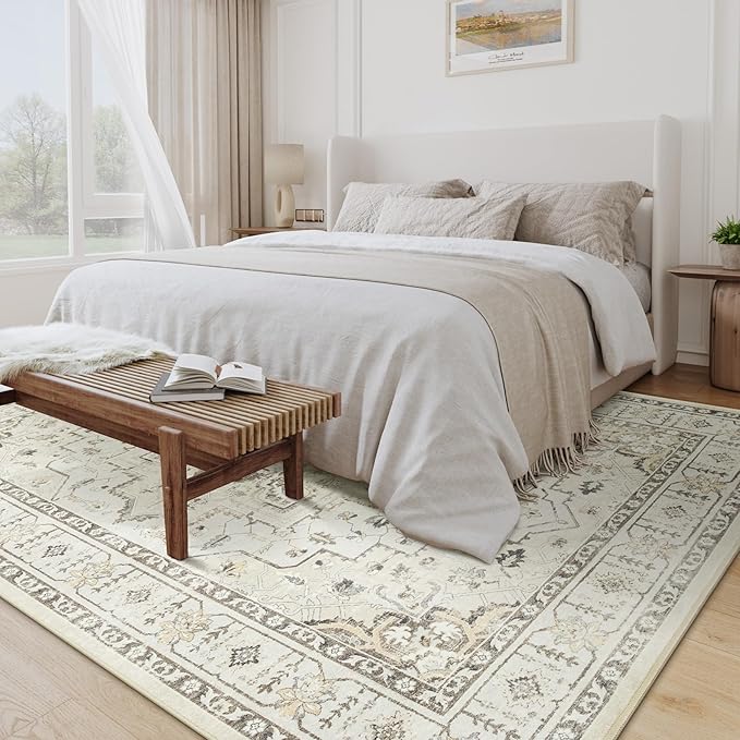 zesthome Area Rug 8x10,Ultra-Thin Washable Rugs for Living Room, Non-Slip Backing Area Rugs,Small Entryway Rug,Vintage Medallion Pattern Rugs (Beige,8'x10')
