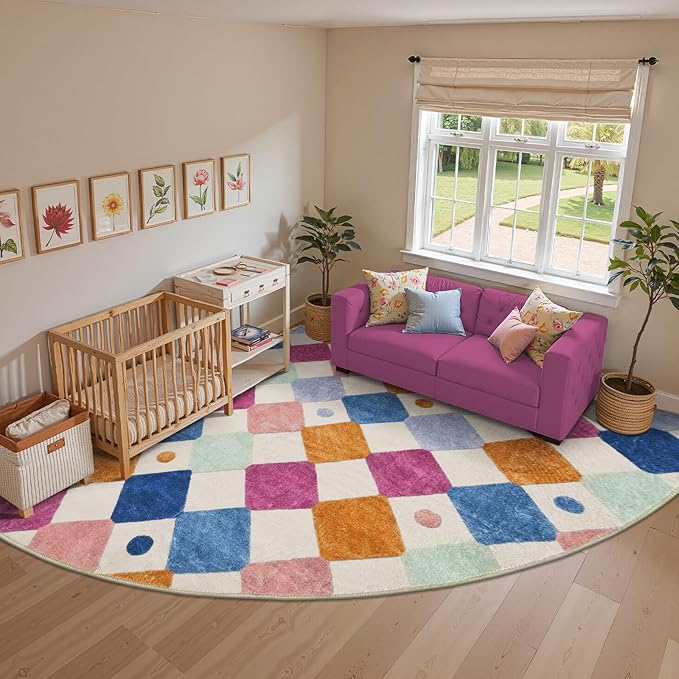 jinchan Macy Kids Rug for Classroom 8ft Radius Corner Washable Area Rug Modern Colorful Quarter Circle Rug Soft Non-Slip Carpet for Nursery Playroom Daycare Reading Nook Living Room Berries on Cream