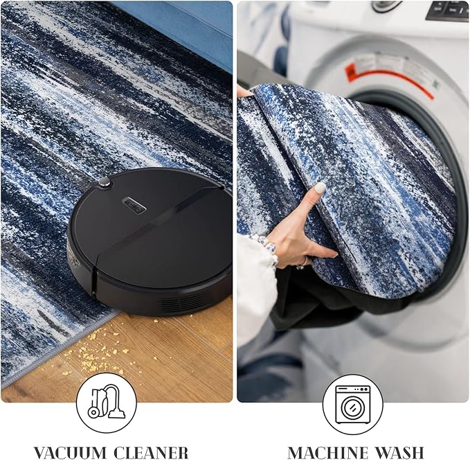 Modern Abstract Hallway Runner Rug, Navy Blue Washable Kitchen Runner Non-Slip Soft 2x8 Runner Rug Thin Print Faux Wool Carpet for Entryway Bedroom Laundry Room Indoor