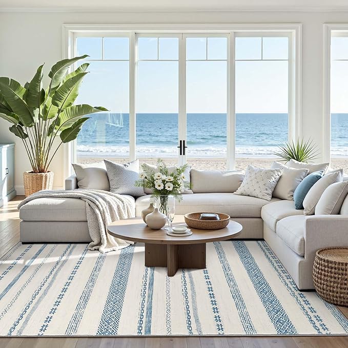 jinchan Moroccan Boho 6x9 Area Rugs for Living Room - Machine Washable Soft Throw Rug Bohemian Ripple Design Non-Slip Carpet for Bedroom Dining Room Home Office (6‘x9', Blue)