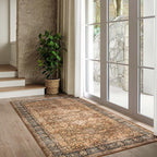 Morebes Area Rug 4x6 Vintage Washable Boho Rugs for Bedroom, Soft Living Room Carpet Non-Slip Non-Shedding Faux Wool Rug for Farmhouse Dining Room Indoor Kids Playroom, Dark Brown