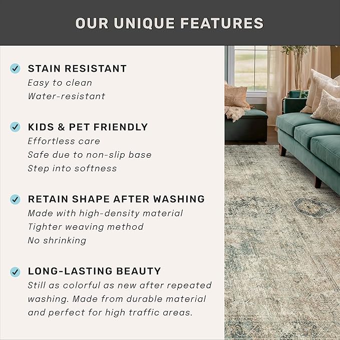 Moss 2x3 Washable Entryway Rug, Medallion Abstract Throw Rugs for Kitchen, Bathroom, Farmhouse Home Décor, Non Slip Low Pile Soft Stain Resistant Carpet (Green and Moss)
