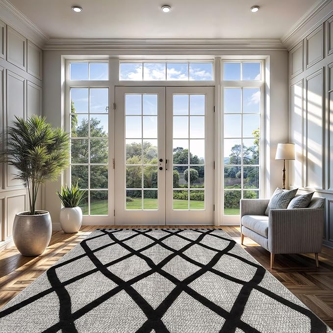 CAMILSON Modern Rug 9x12 Luxury Diamond Pattern Large Micro Loop Area Rugs Soft High-Low Pile Stain Resistant Easy to Clean Non-Shedding Durable Living Room Bedroom Indoor Carpet (Black/Gray)